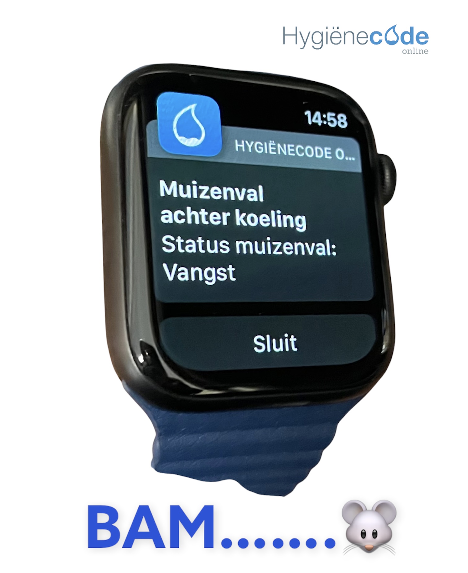 Echt pushbericht van Hygiënecode Online op een smartwatch: Muizenval achter koeling. Status muizenval: Vangst.